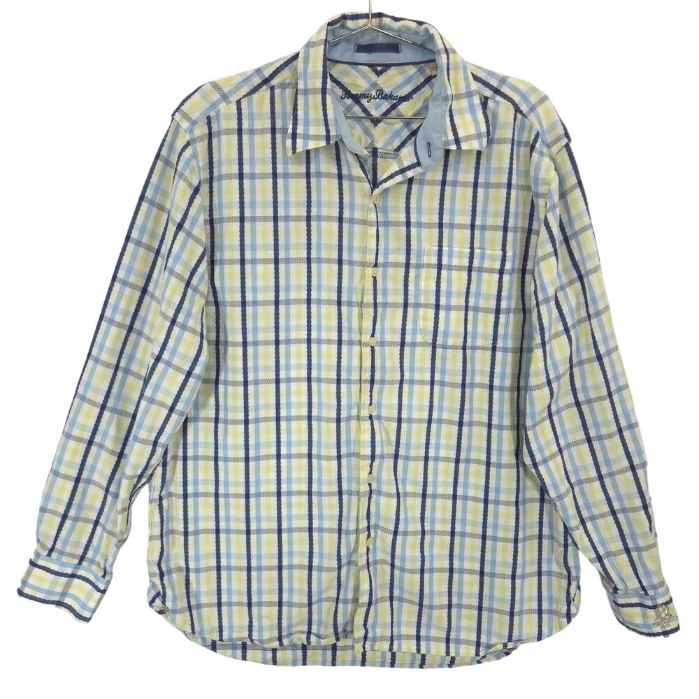 Tommy Bahama Shirt Mens L Blue Yellow Plaid Pinehurst Putter Boy Cuff Button Up